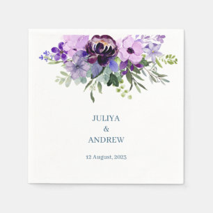 Serviette En Papier Mariage fleuri pourpre et vert