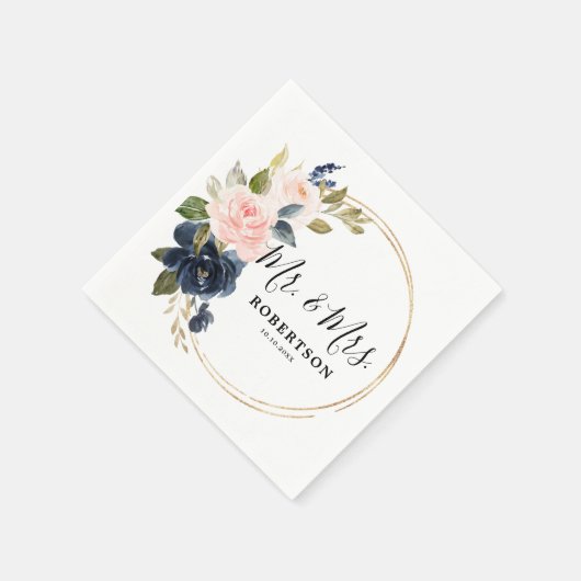 Serviette En Papier Mariage Fleurie Rose Pâle Poussiéreux Bleu Marine (Coin)