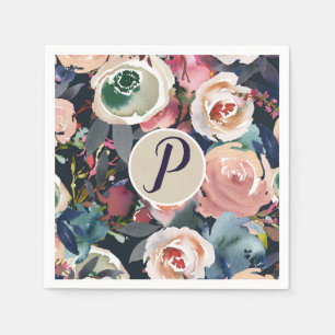 Serviette En Papier Mariage Fleurs Aquarelle Bleu foncé et rose blush