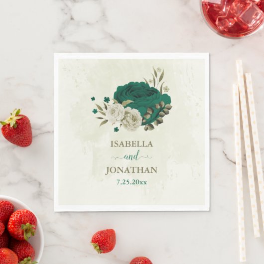 Serviette En Papier mariage fleurs beige vert émeraude (En situation)