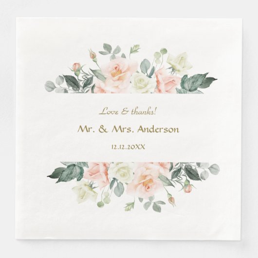 Serviette En Papier Mariage Fleurs Blanches Aquarelle Délicate Rose (Devant)