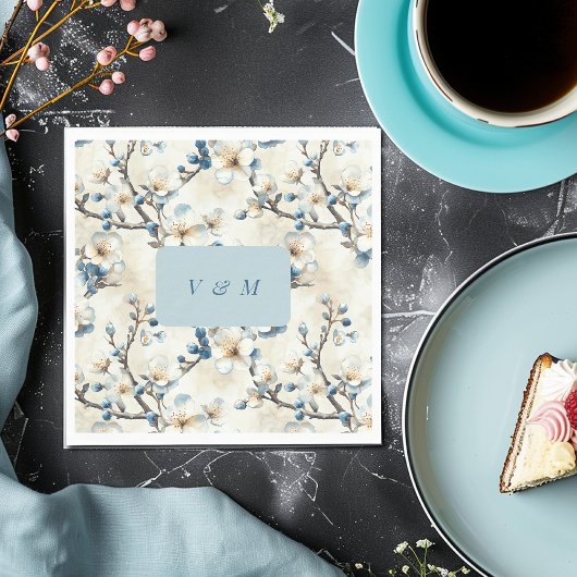 Serviette En Papier Mariage Fleurs Blanches Bleues de Printemps