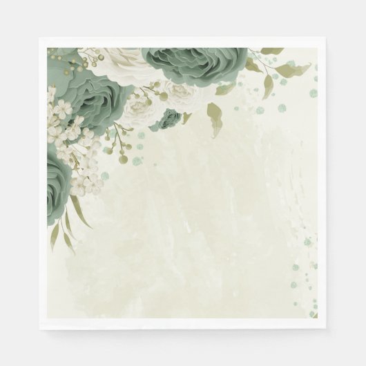 Serviette En Papier mariage fleurs blanches vert sauge (Devant)