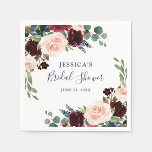 Serviette En Papier Mariage Fleurs Blush Bleu Nuit Bourgogne