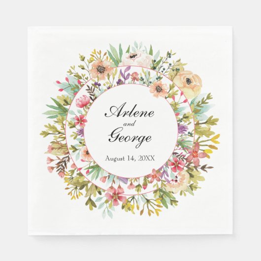 Serviette En Papier Mariage Fleurs de prairie aquarelle (Devant)