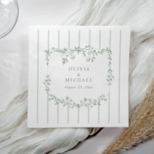 Serviette En Papier Mariage Fleurs de Style Vintage Vert Sauge Rayures