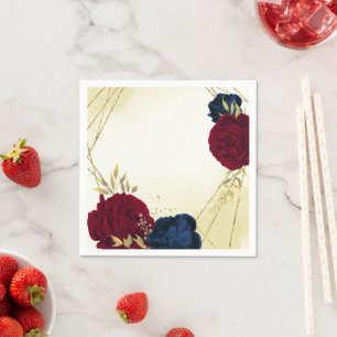 Serviette En Papier mariage fleurs rouges navy feuilles or