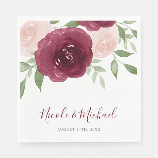 Serviette En Papier Mariage floral aquarelle bordeaux (Devant)