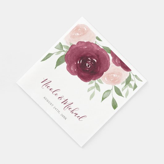 Serviette En Papier Mariage floral aquarelle bordeaux (Coin)