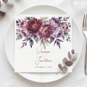 Serviette En Papier Mariage Floral Aquarelle Bordeaux Prune Foncé