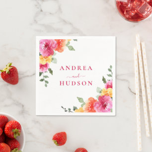 Serviette En Papier Mariage Floral Aquarelle Rose Vibrant