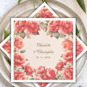 Serviette En Papier Mariage Floral Aquarelle Roses Rouges Romantique