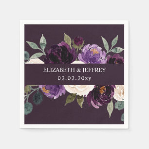 Serviette En Papier Mariage Floral Aubergine Ivoire Violet Plum