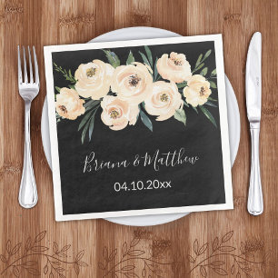 Serviette En Papier Mariage Floral Beige Rose sur Fond Noir