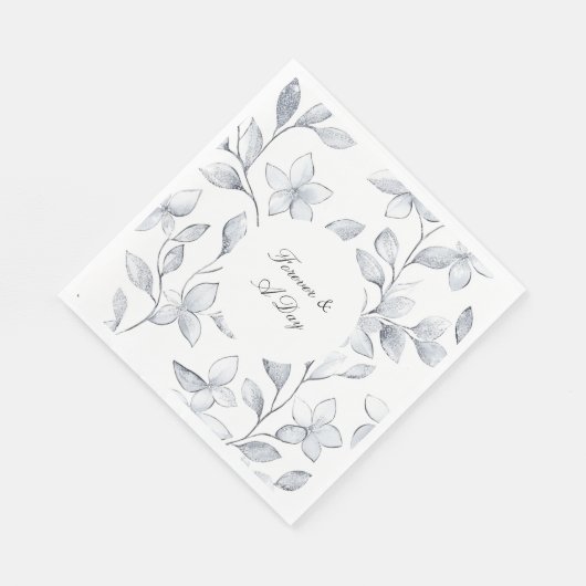 Serviette En Papier Mariage floral blanc argenté (Coin)