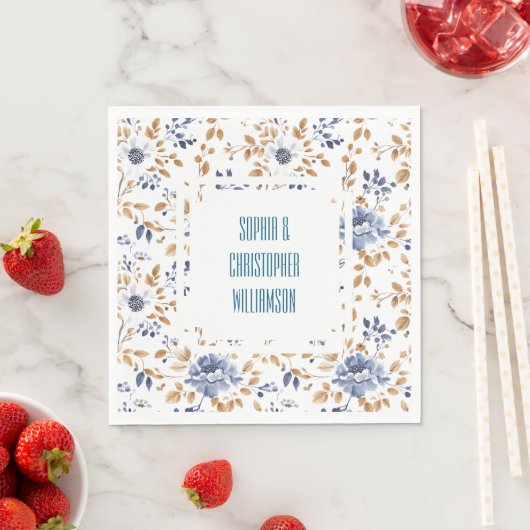 Serviette En Papier Mariage Floral Blanc Bleu (En situation)