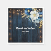 Serviette En Papier Mariage Floral blanc en bois bleu rustique (Devant)