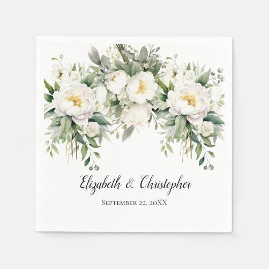 Serviette En Papier Mariage Floral Blanc Personnalisé (Devant)