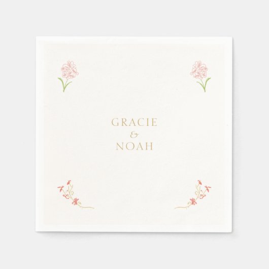 Serviette En Papier Mariage floral blanc rose et ivoire (Devant)