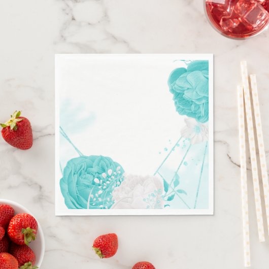 Serviette En Papier mariage floral blanc turquoise (En situation)