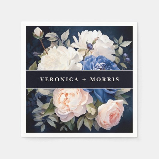 Serviette En Papier Mariage floral bleu bleu marine et bleu roux (Devant)