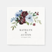 Serviette En Papier mariage floral bleu bordeaux et poussiéreux (Devant)