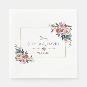 Serviette En Papier Mariage floral bleu doré rose