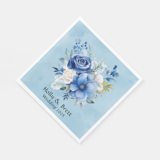 Serviette En Papier Mariage floral bleu et blanc Aquarelle Peony (Coin)