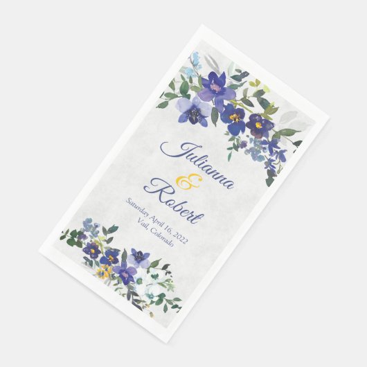 Serviette En Papier Mariage floral bleu et jaune (Coin)