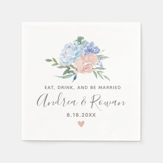 Serviette En Papier Mariage floral bleu et rose (Devant)