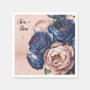 Serviette En Papier Mariage floral bleu marine et Rose or