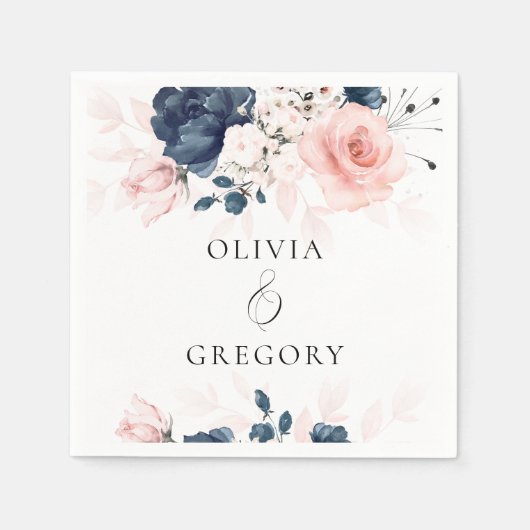 Serviette En Papier Mariage floral bleu marine et rose pâle (Devant)