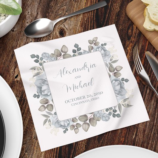 Serviette En Papier Mariage floral bleu personnalisé