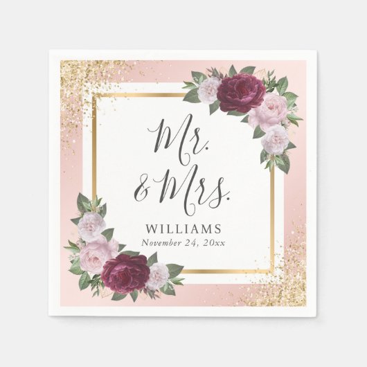 Serviette En Papier Mariage floral bleu rose or bordeaux (Devant)