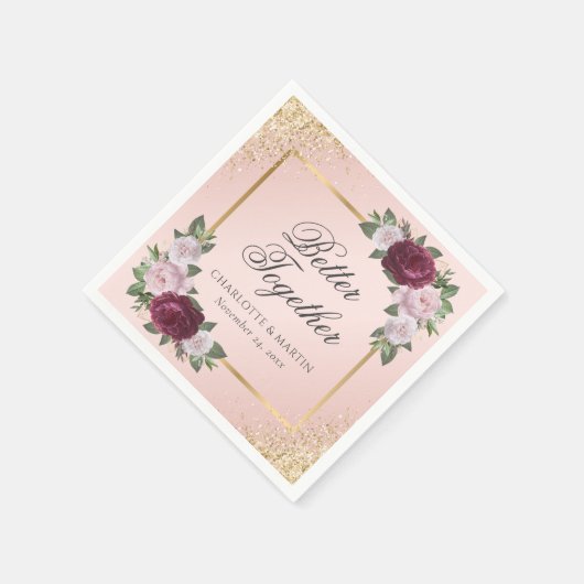 Serviette En Papier Mariage floral bleu rose or bordeaux (Coin)