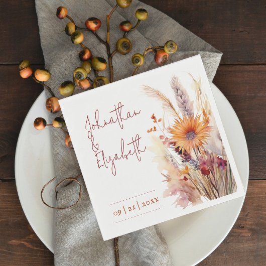 Serviette En Papier Mariage floral Boho d'automne | Blanc