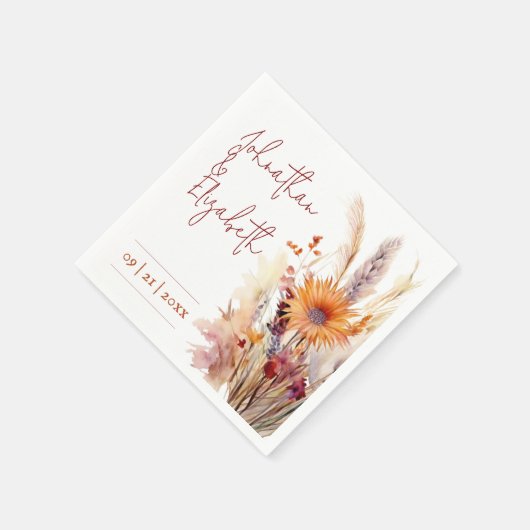 Serviette En Papier Mariage floral Boho d'automne | Blanc (Coin)