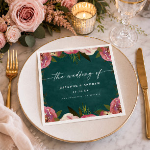 Serviette En Papier Mariage Floral Chic Sombre Vert de Teal Profond