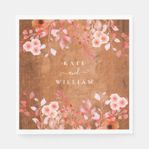Serviette En Papier Mariage Floral de Fleurs de Pêche en Bois Rustique