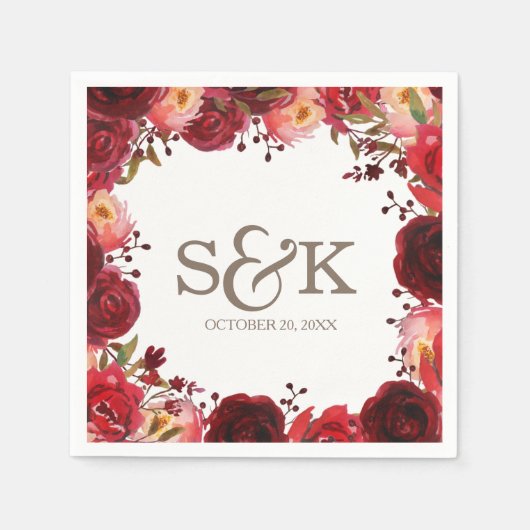 Serviette En Papier Mariage floral de la Bourgogne Marsala Rouge Roses (Devant)