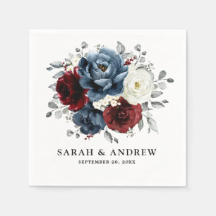 Serviette En Papier Mariage floral d'ivoire blanc bleu ardoise