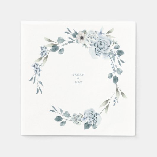 Serviette En Papier Mariage Floral Dusty Blue Couple Noms de serviette (Devant)