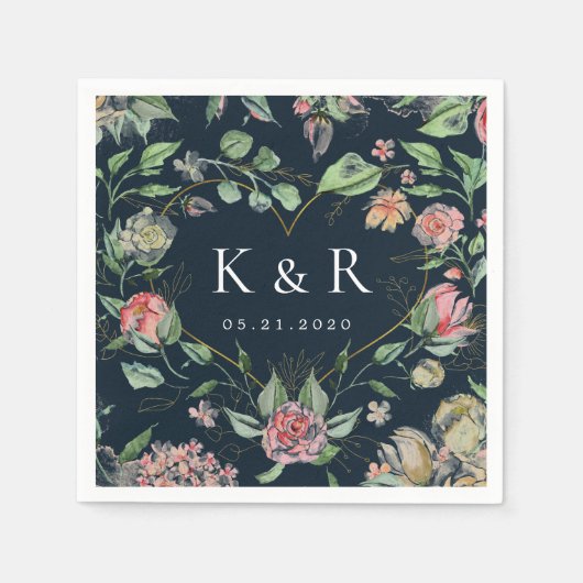 Serviette En Papier Mariage floral élégant à fleurs de minuit (Devant)