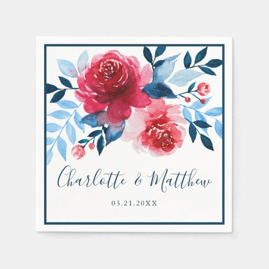 Serviette En Papier Mariage Floral Élégant Aquarelle Rouge Bleu (Devant)