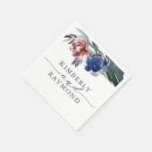 Serviette En Papier Mariage floral élégant bleu marine et bordeaux (Coin)