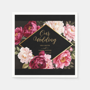 Serviette En Papier Mariage Floral Élégant Bourgogne et Pivoine Rose