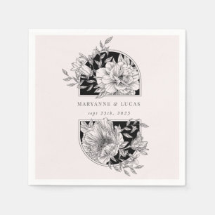 Serviette En Papier Mariage floral élégant noir et blanc