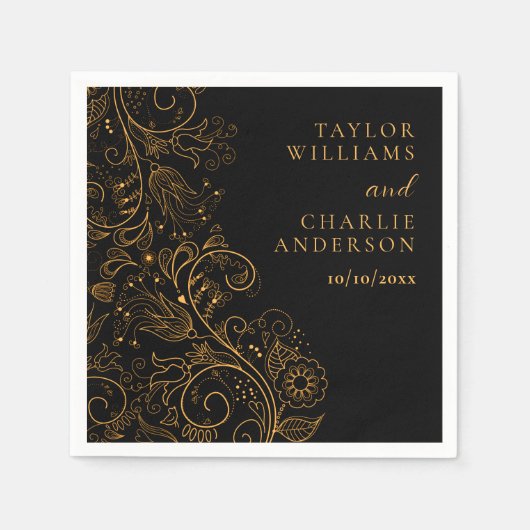 Serviette En Papier Mariage floral élégant or et noir (Devant)
