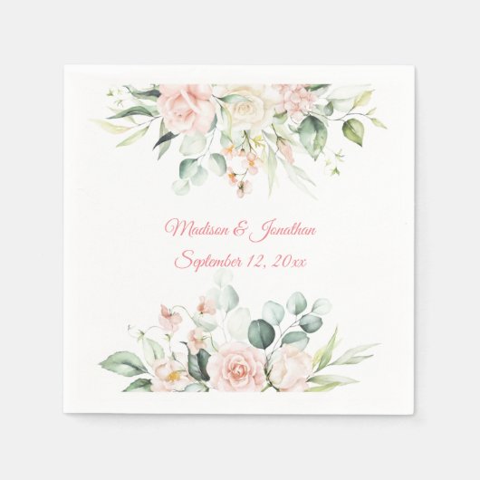 Serviette En Papier Mariage Floral Elegant Rose Chic Date Nom du scrip (Devant)