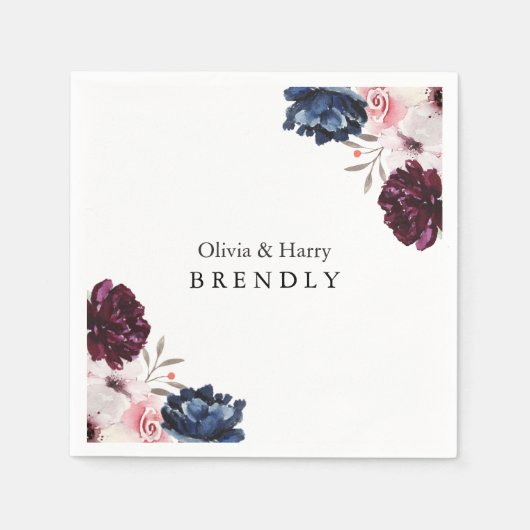 Serviette En Papier Mariage Floral Élégant Rouge Bourgogne (Devant)